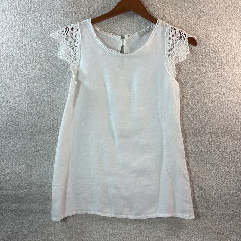 Viola Borghi Italian Tank Top Women S White 100% Linen Lace Trim Cottagecore